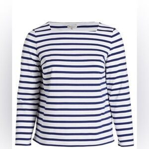 Lafayette 148 boat neck long sleeve navy white striped nautical cotton top Sz XS